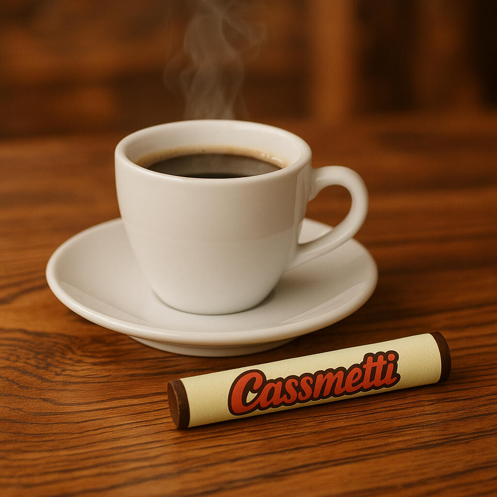 Cassmetti Fortune Slip with Coffee A steaming cup of coffee on a wooden table next to a rolled Cassmetti fortune slip with branded packaging.