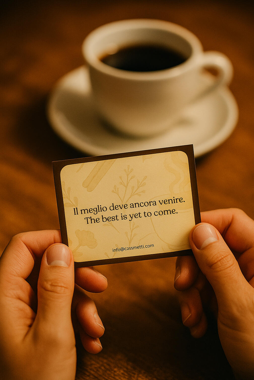 Cassmetti Fortune Slip – The Best Is Yet to Come Hands holding a Cassmetti fortune slip beside a cup of coffee, with the message 'Il meglio deve ancora venire – The best is yet to come' printed on it.