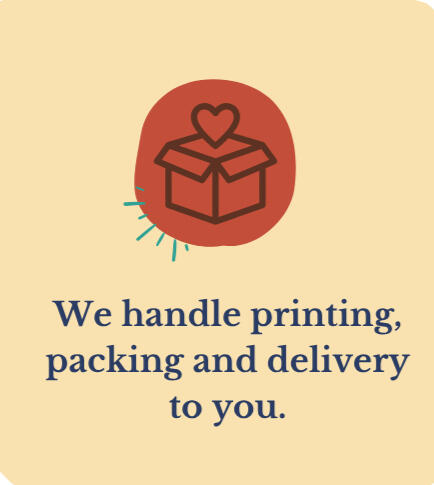 We Take Care of Everything Cassmetti logistics graphic – icon of a delivery box with a heart above it and the text 'We handle printing, packing and delivery to you.'